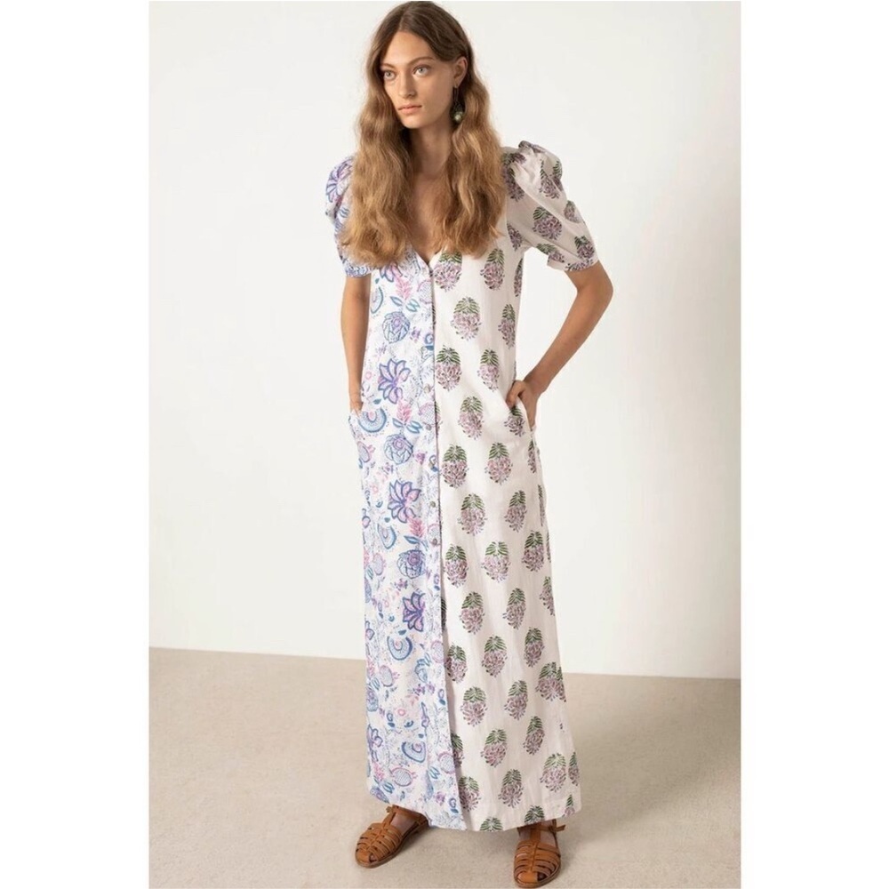 Alix of Bohemia Floral Midi Dress Button Front Short Puff Sleeve Resort Boho L